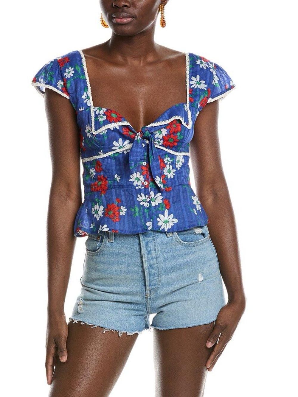 Free People Blue Floral Tie-Front Peplum Blouse